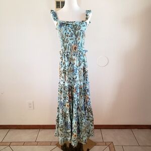 Anthropologie Abel the Label Floral‎ Blue Maxi Dress Shirred top Tiered Skirt M